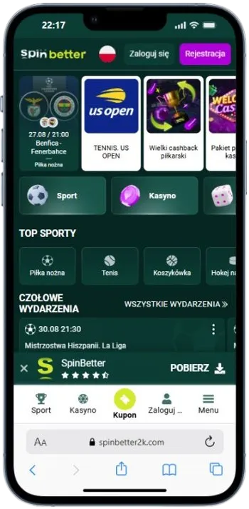Spinbetter — wygląd na telefonie