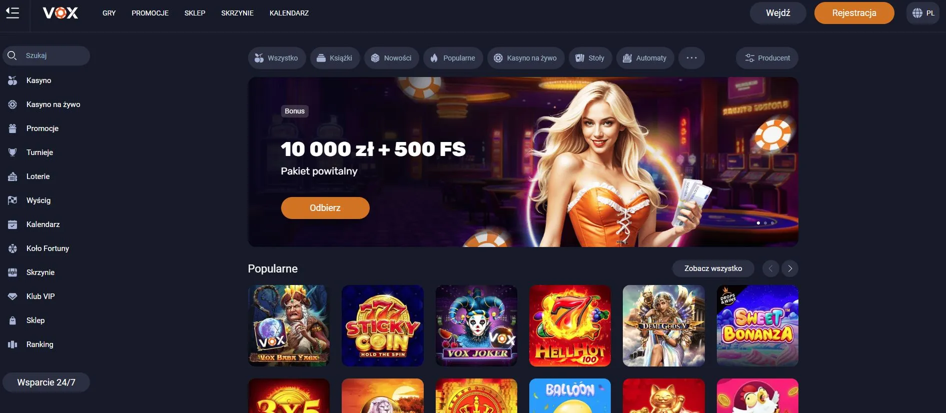 Vox Casino - wygląd strony