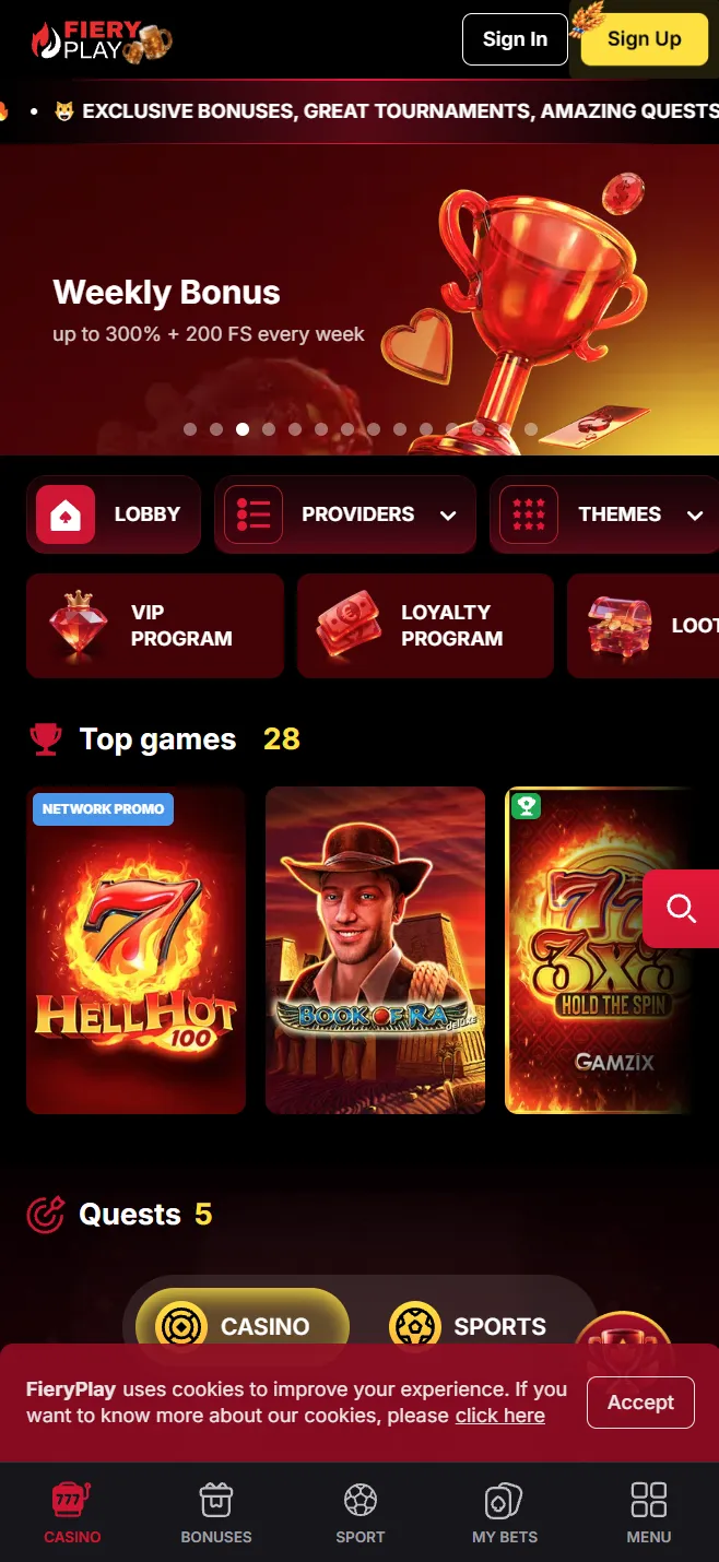 Fieryplay - wygląd na telefonie